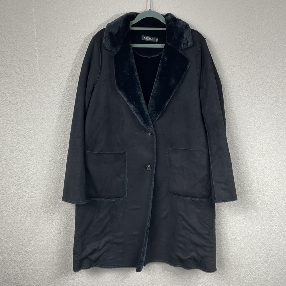 Lauren Ralph Lauren Black Label Faux Shearling Overcoat Jacket Black Soft Sz M